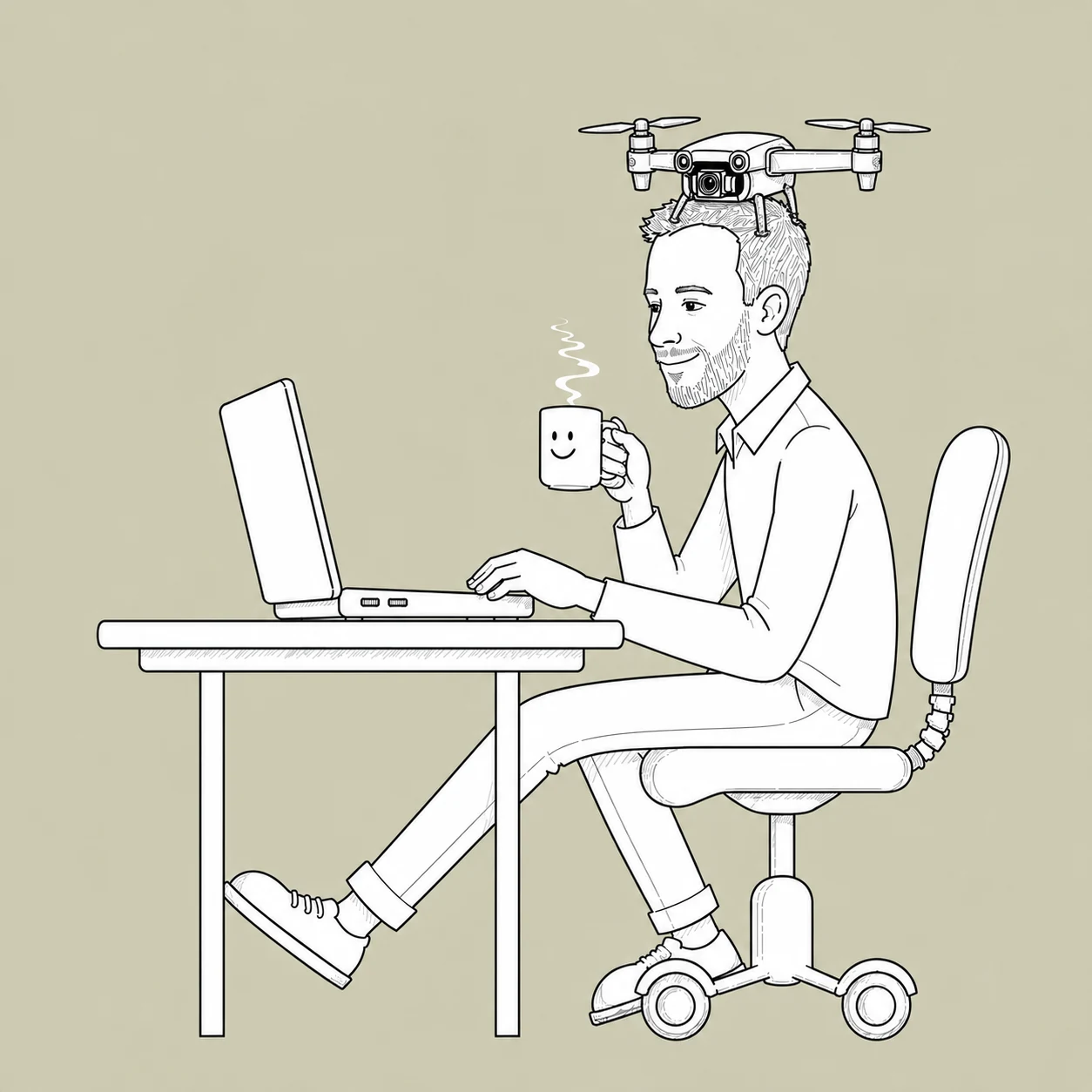 Borja Gómez trabajando con ordenador y drone